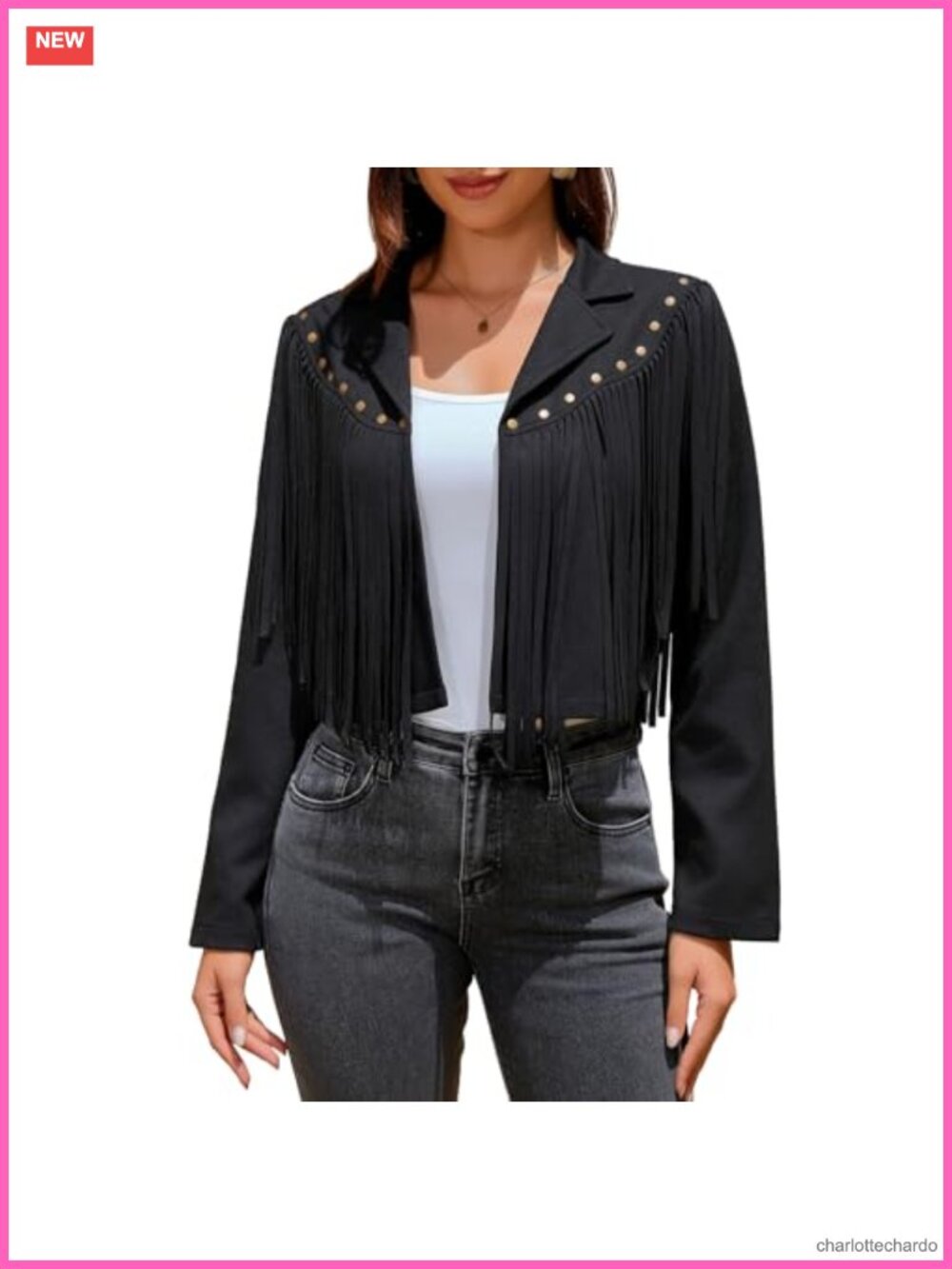 Faux Suede Fringe Jacket Cropped Open Front Western Tassel Motorcycle Coat with